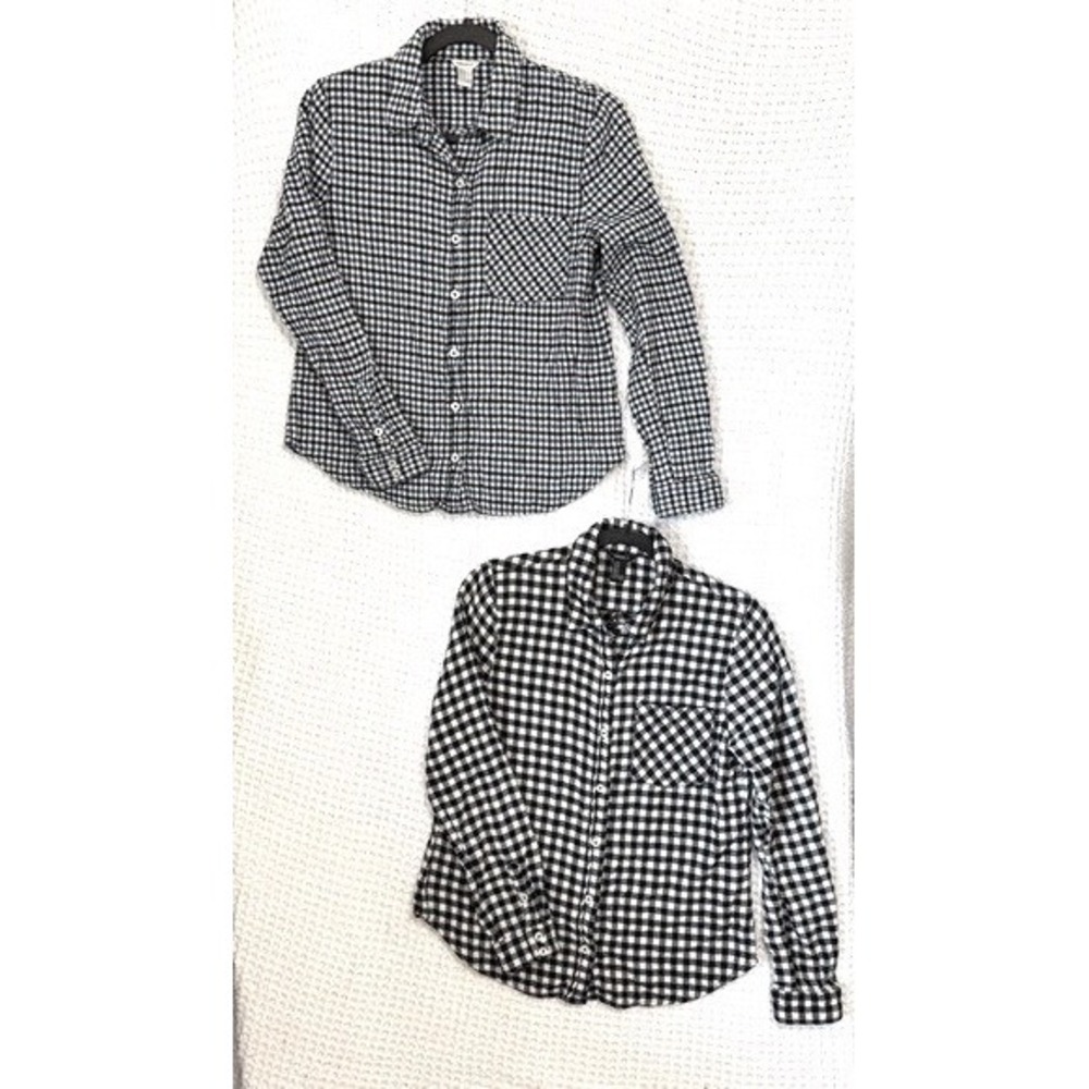 Forever 21 Gingham Button Down Shirt Black White Check Casual Long Sleeve M